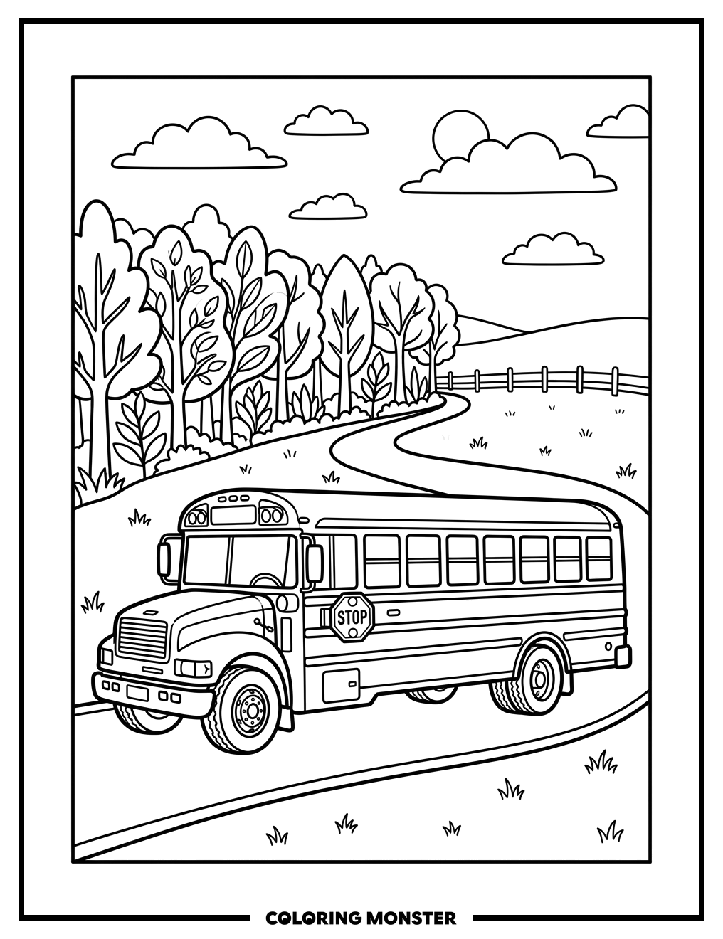 School Bus on a Country Road Coloring Page