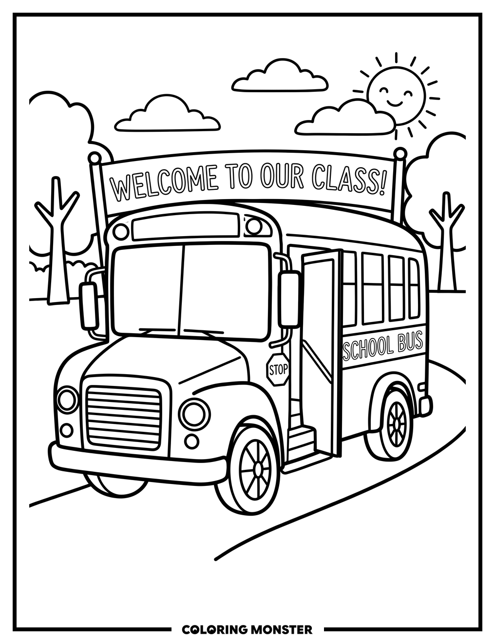 School Bus Welcoming New Students Coloring Page