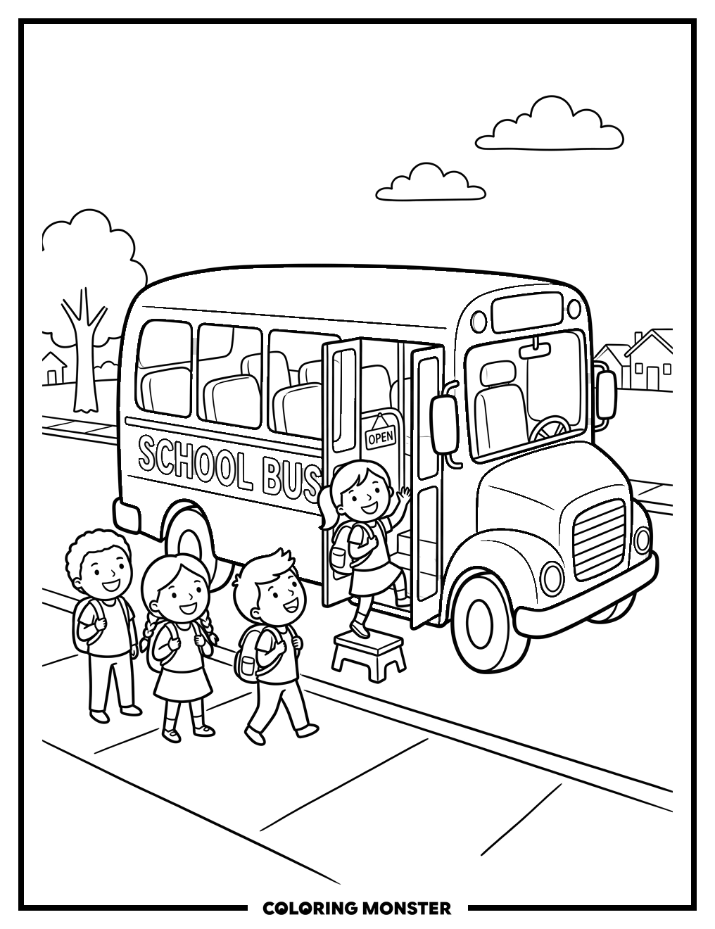 School Bus With Cheerful Children Coloring Page