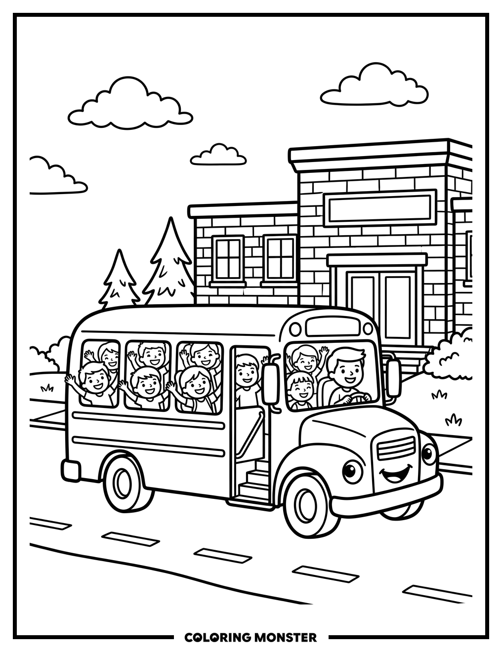 School Bus With Waving Children Coloring Page