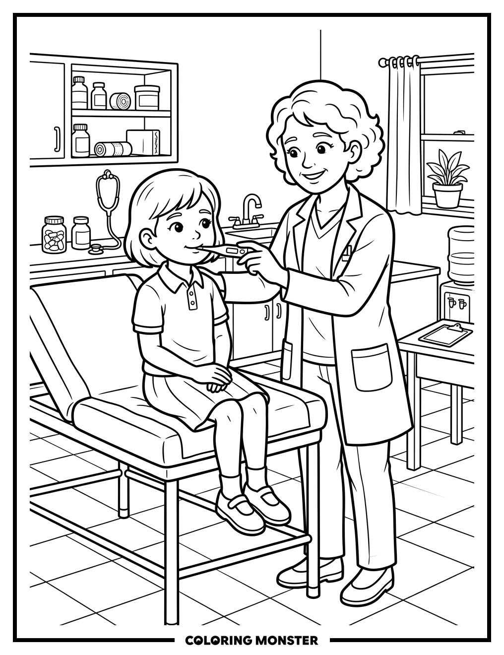 School Nurse Checks Student's Temperature Coloring Page