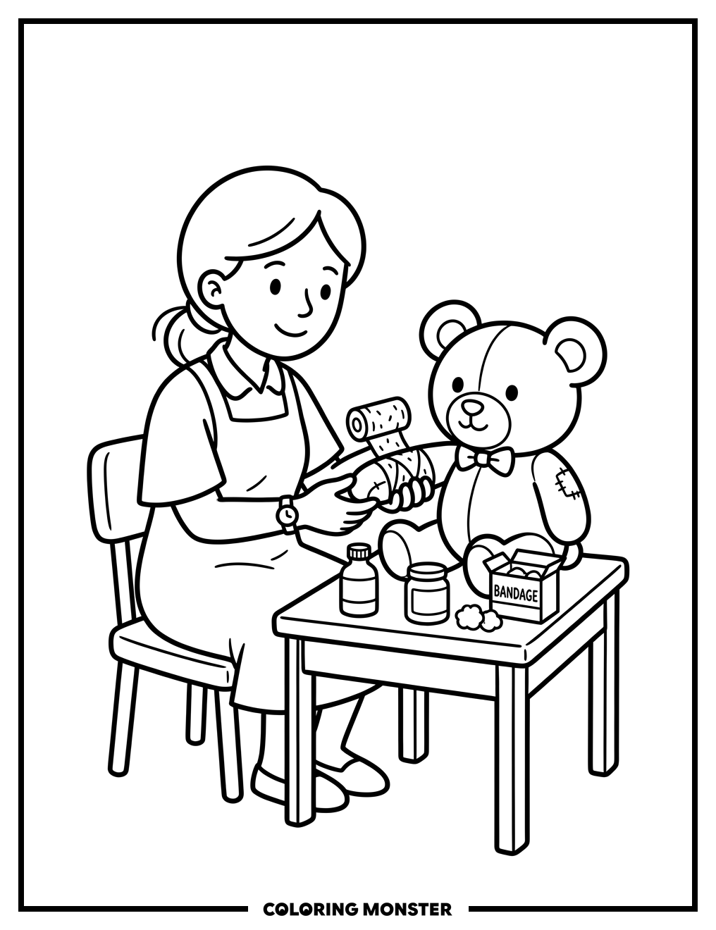 School Nurse Tends To Teddy Bear Coloring Page