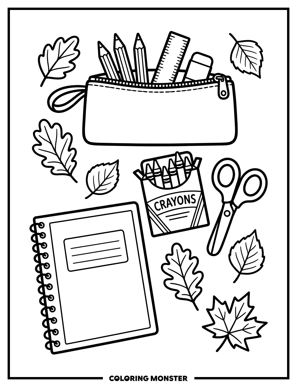 School Supplies and Autumn Leaves Coloring Page