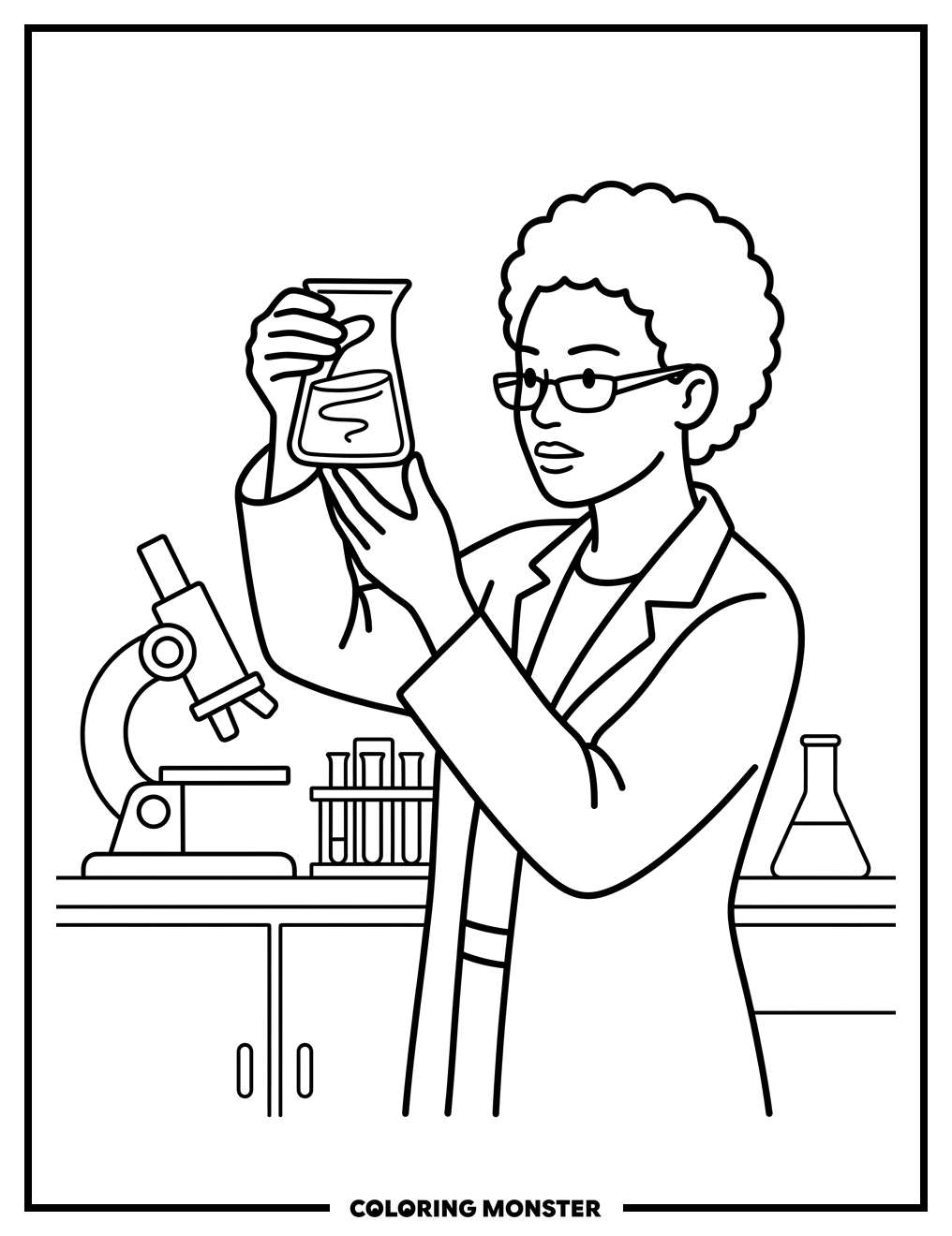 Scientist Studying Colorful Liquid Coloring Page