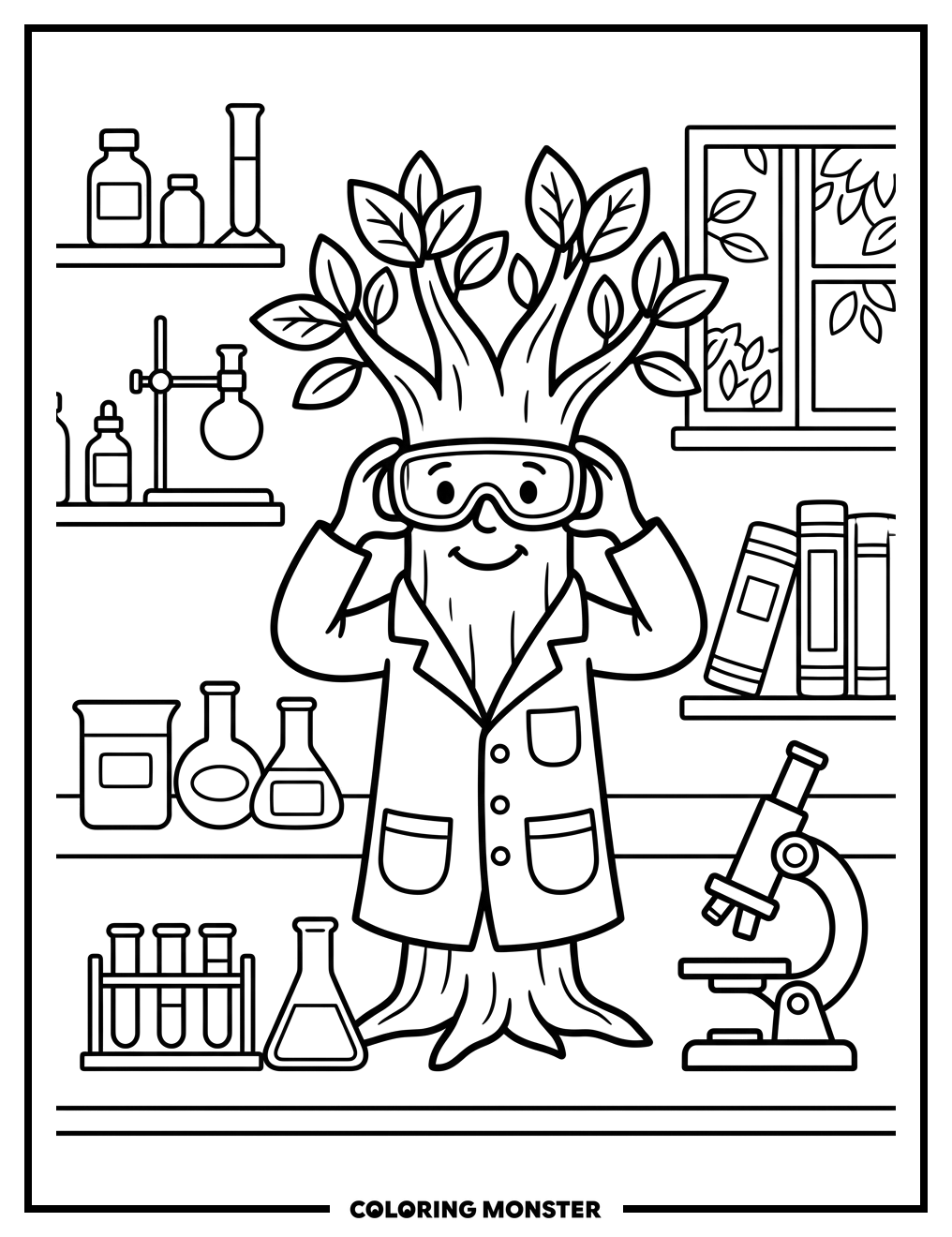 Scientist Tree Character Coloring Page