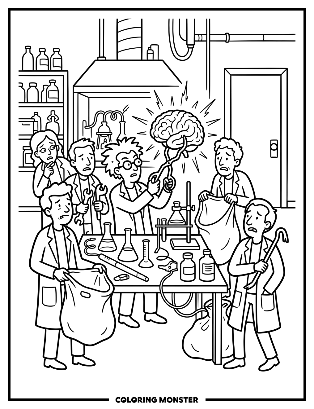 Scientists Stealing a Glowing Brain Coloring Page