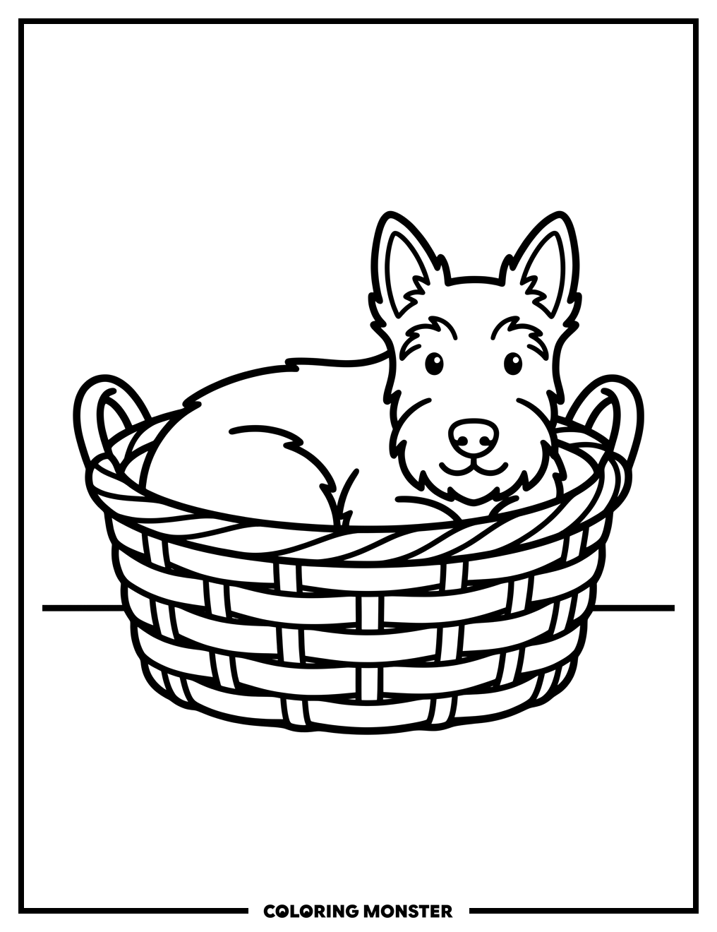 Scottie Dog Napping in Basket Coloring Page