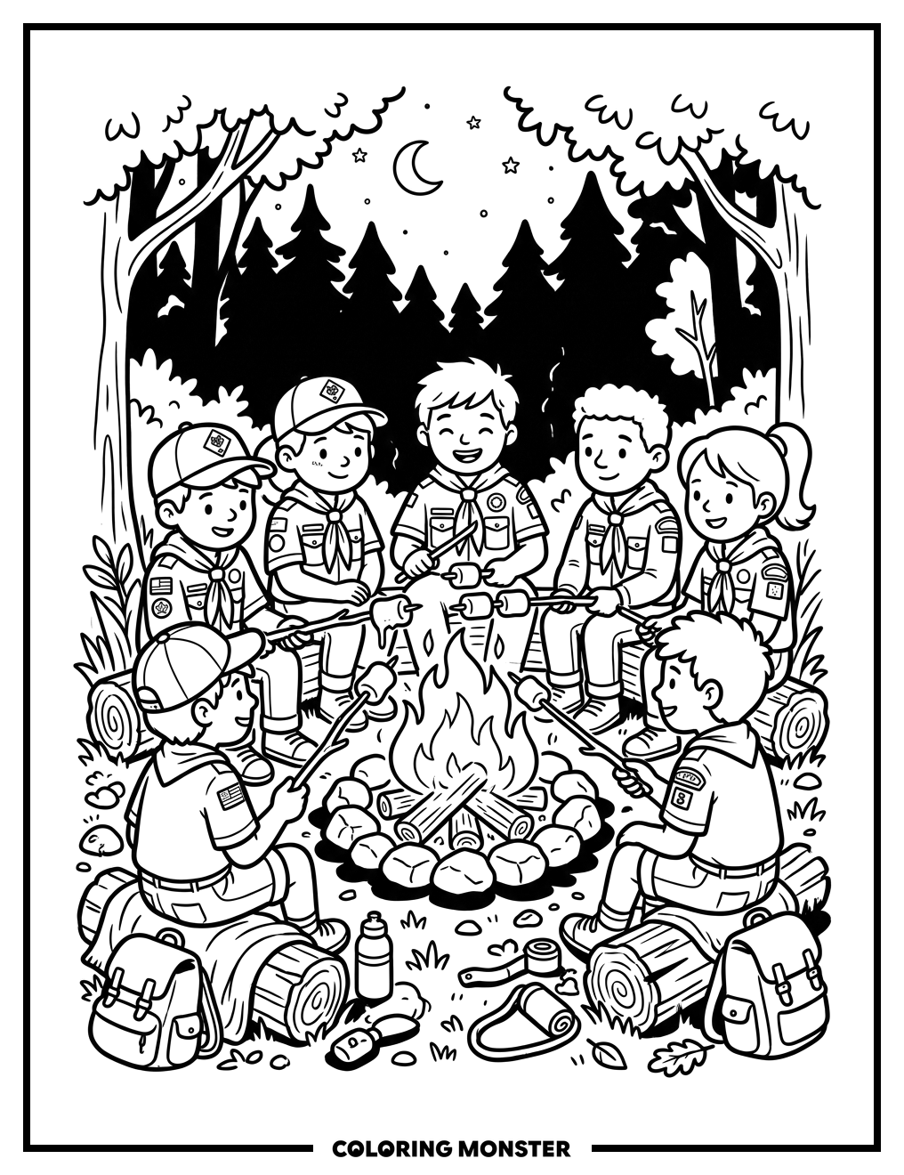 Scouts Around a Campfire Coloring Page
