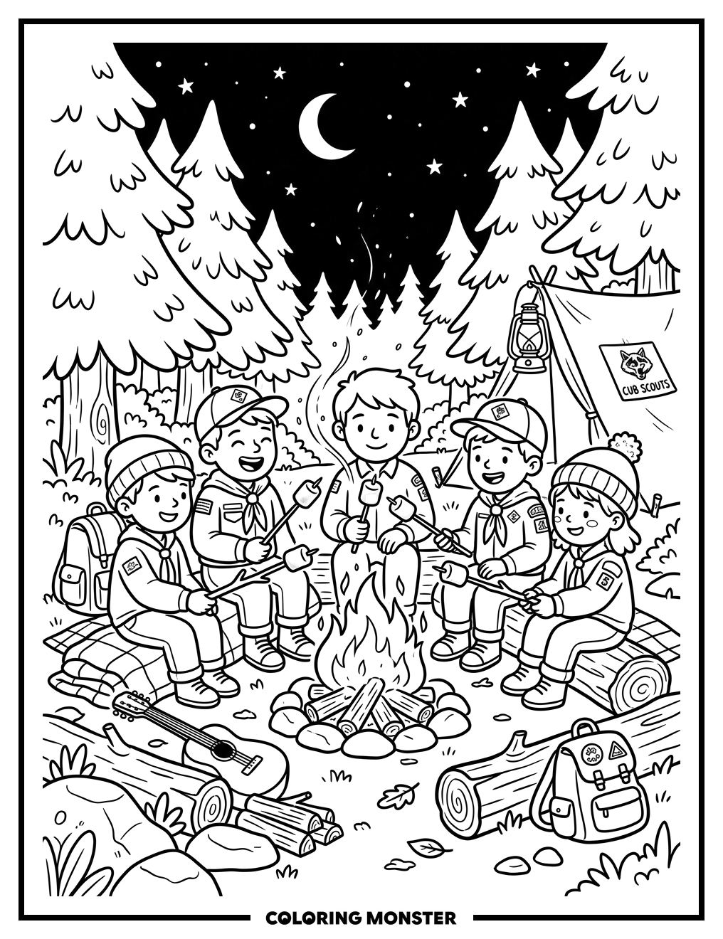 Scouts Roasting Marshmallows By Campfire Coloring Page