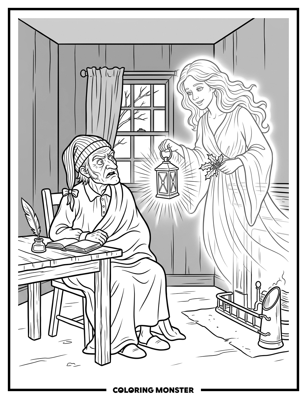 Scrooge Meets The Ghost of Christmas Past Coloring Page