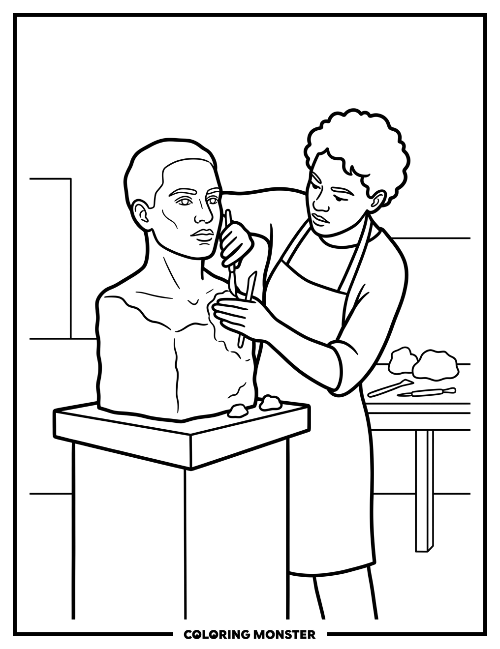 Sculptor Shaping Clay Bust Coloring Page