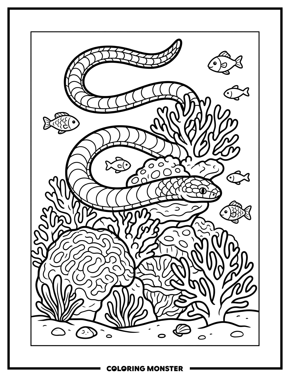 Sea Snake and Coral Reef Coloring Page
