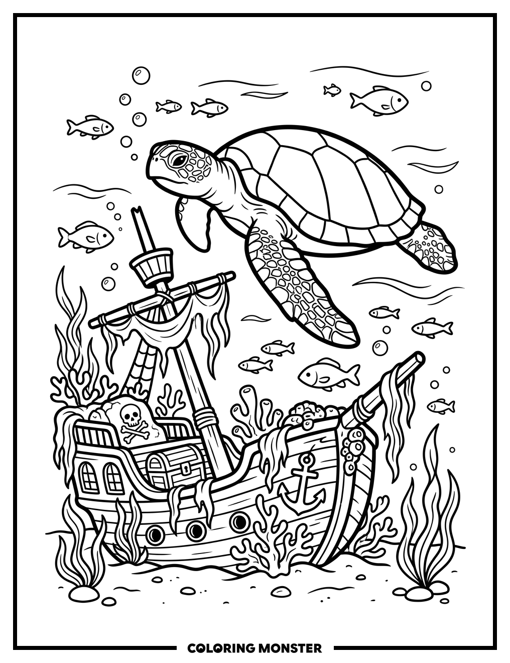 Sea Turtle and Sunken Pirate Ship Coloring Page