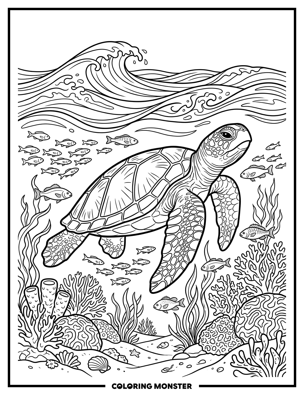 Sea Turtle Gliding Through Blue Water Coloring Page