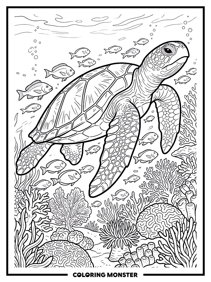 Sea Turtle Swimming With Fish Coloring Page