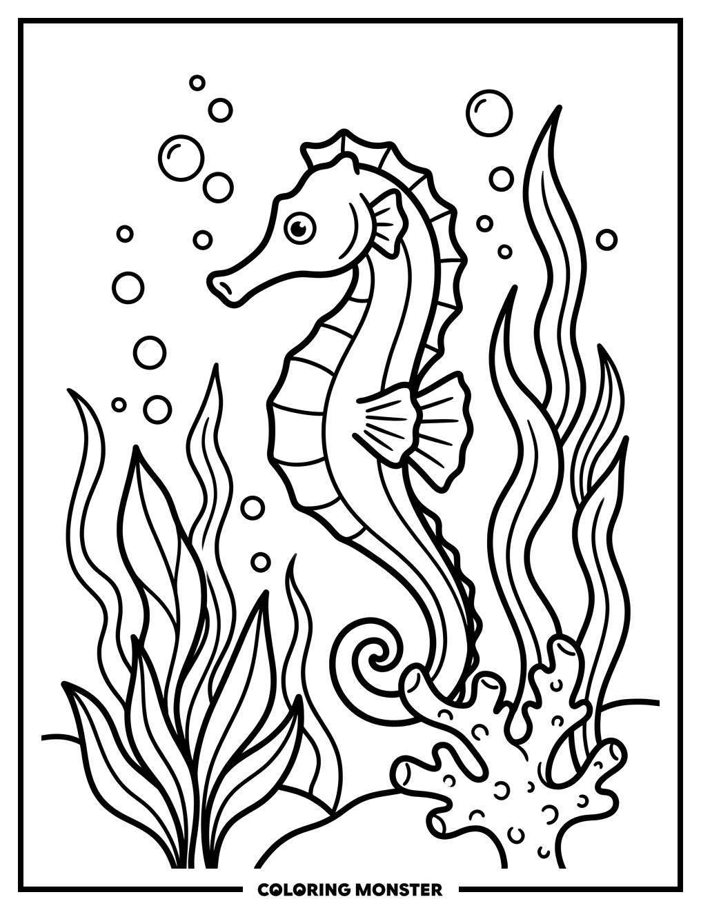 Seahorse and Coral Coloring Page