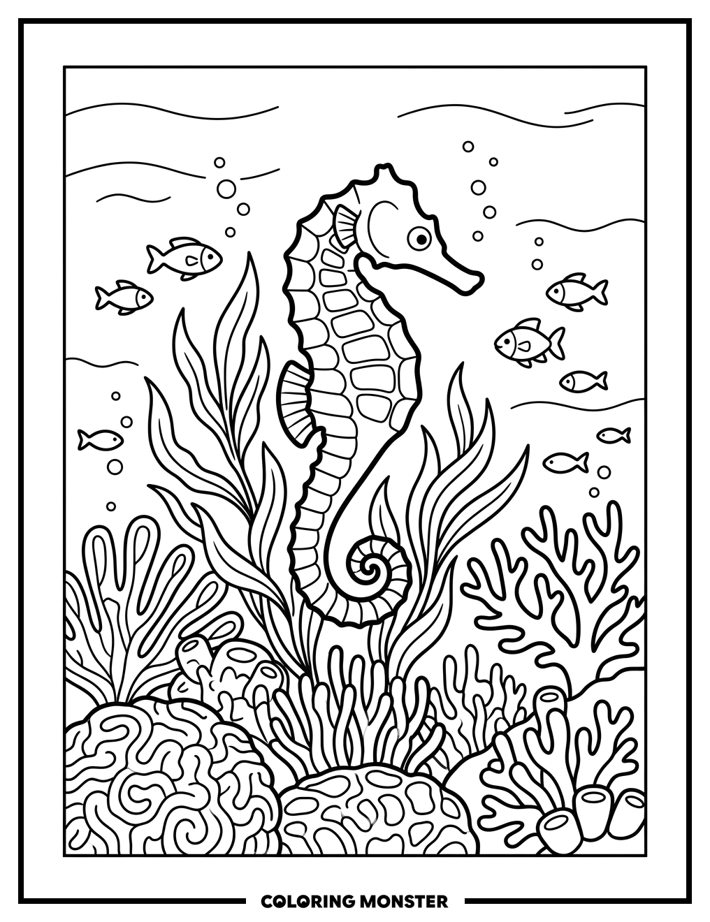 Seahorse and Coral Reef Coloring Page