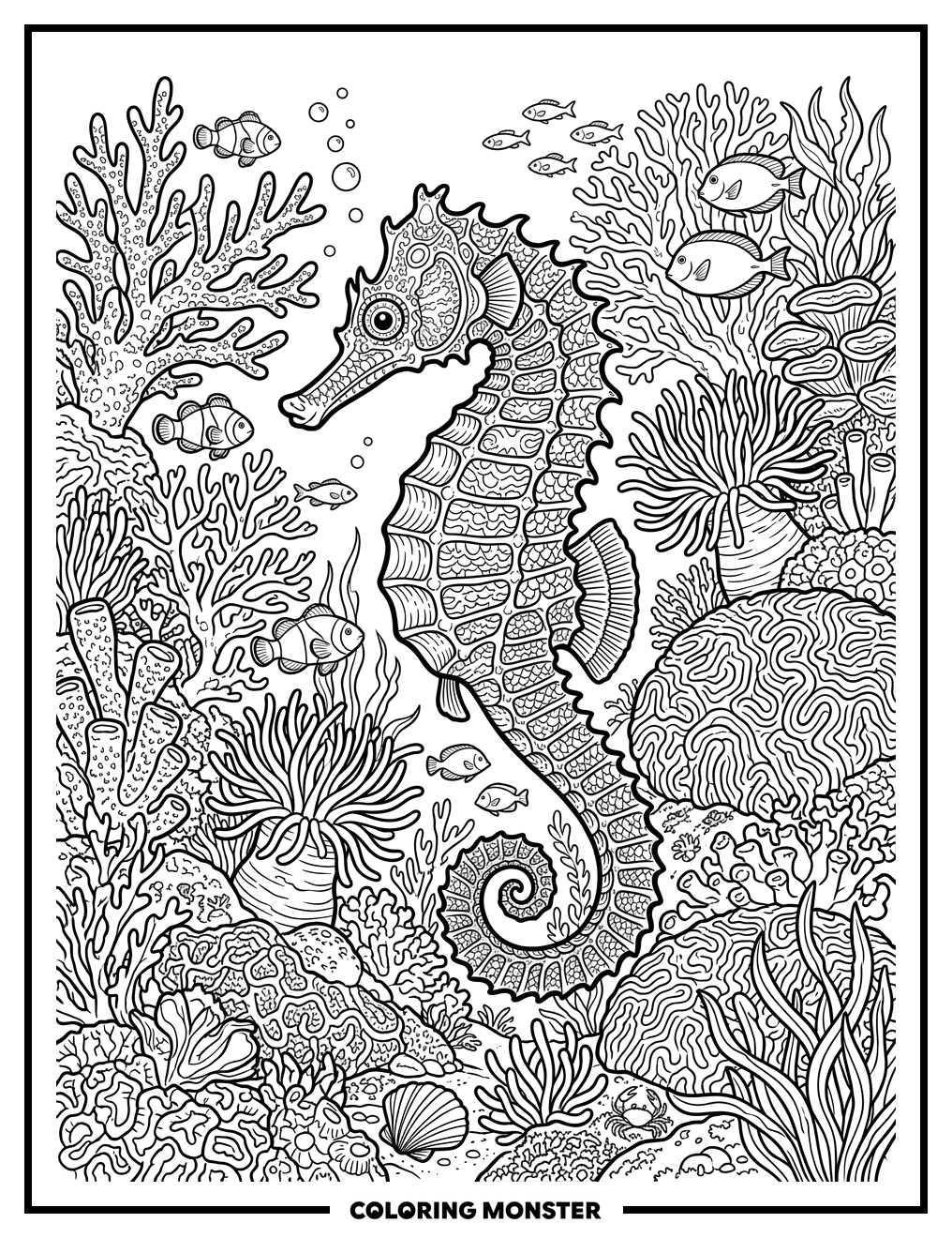 Seahorse in Coral Reef Coloring Page
