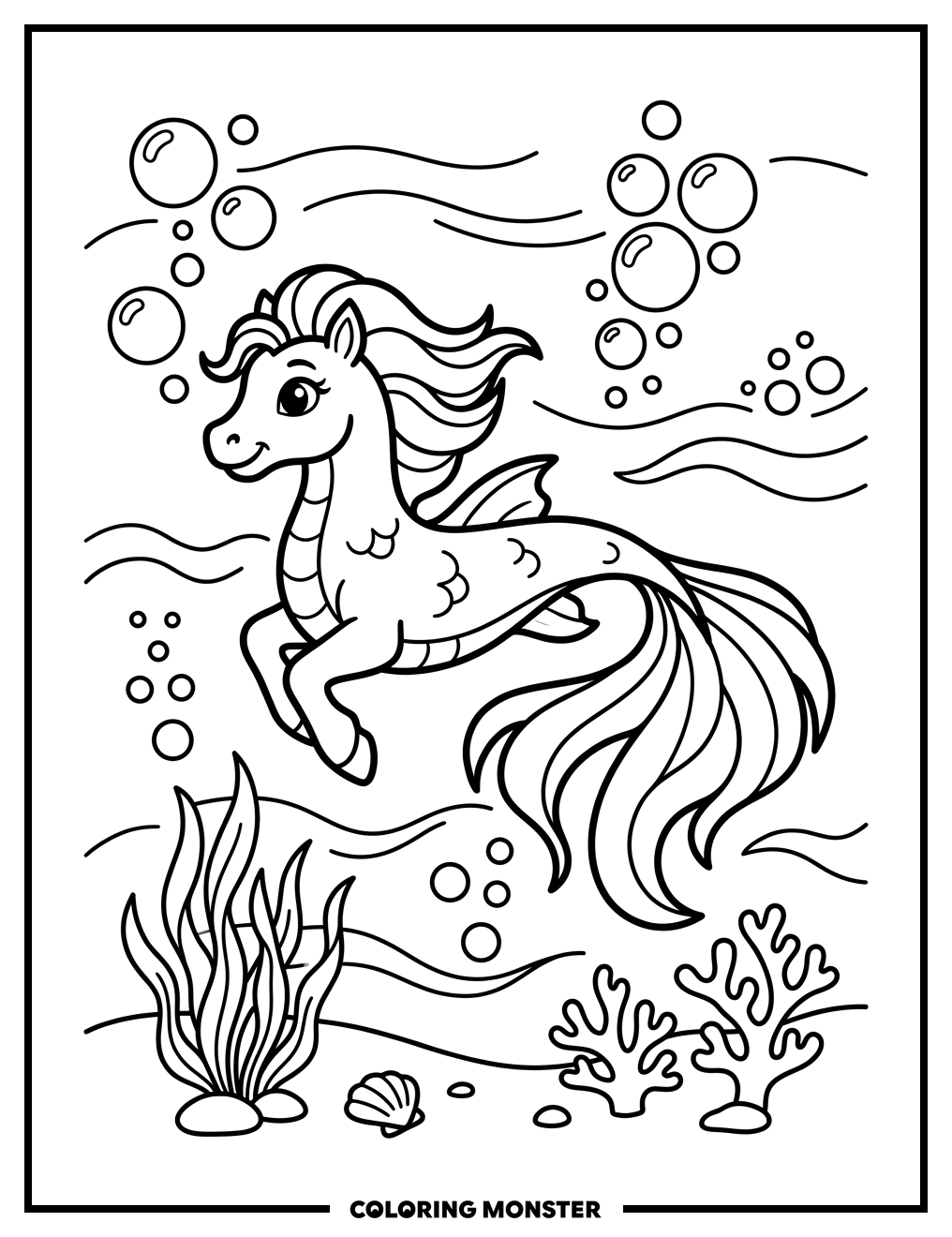 Seapony Swimming in Blue Water Coloring Page