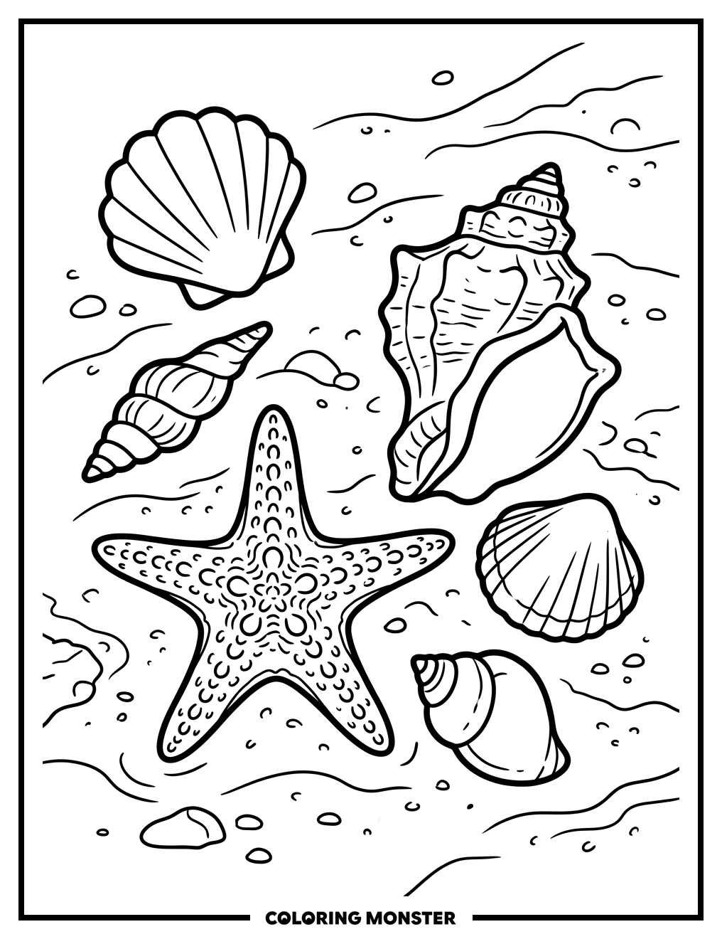 Seashells and Starfish on Sand Coloring Page