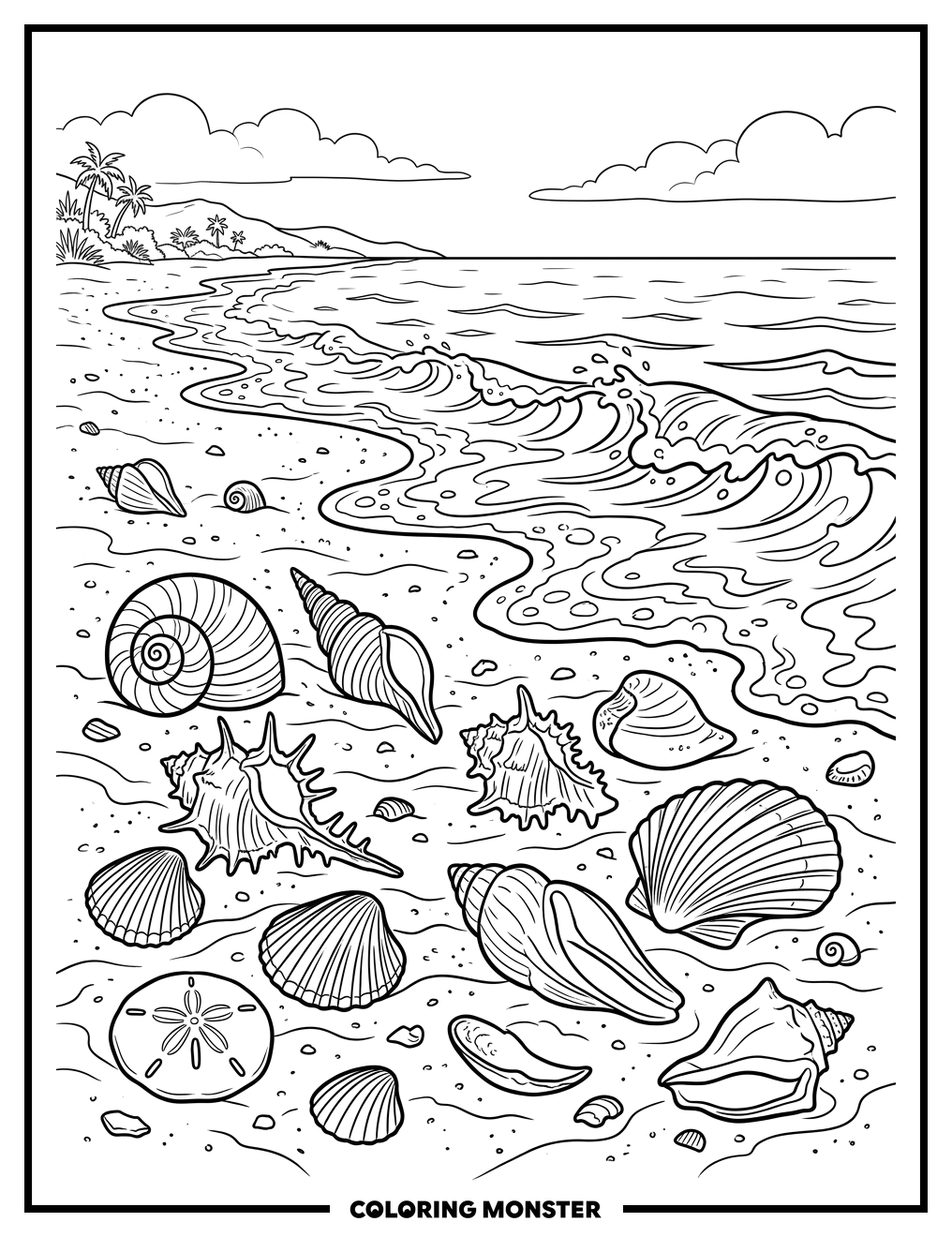 Seashells on a Sandy Beach Coloring Page