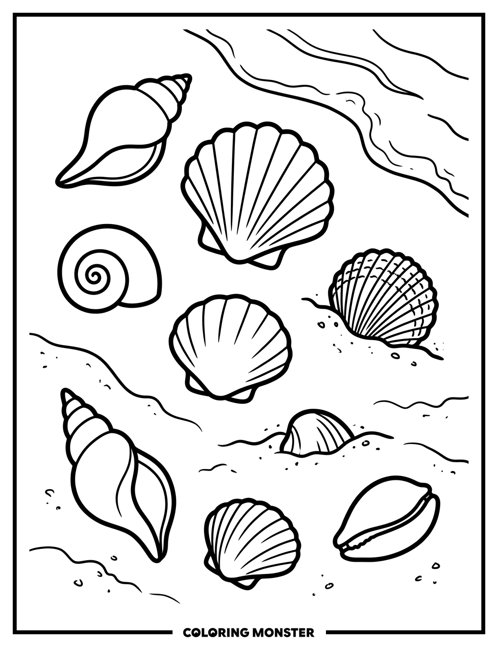 Seashells on a Sandy Beach Coloring Page