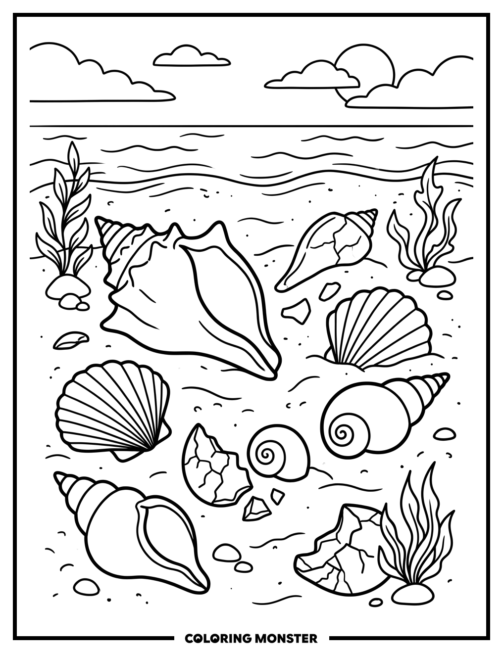 Seashells on Sandy Beach Coloring Page