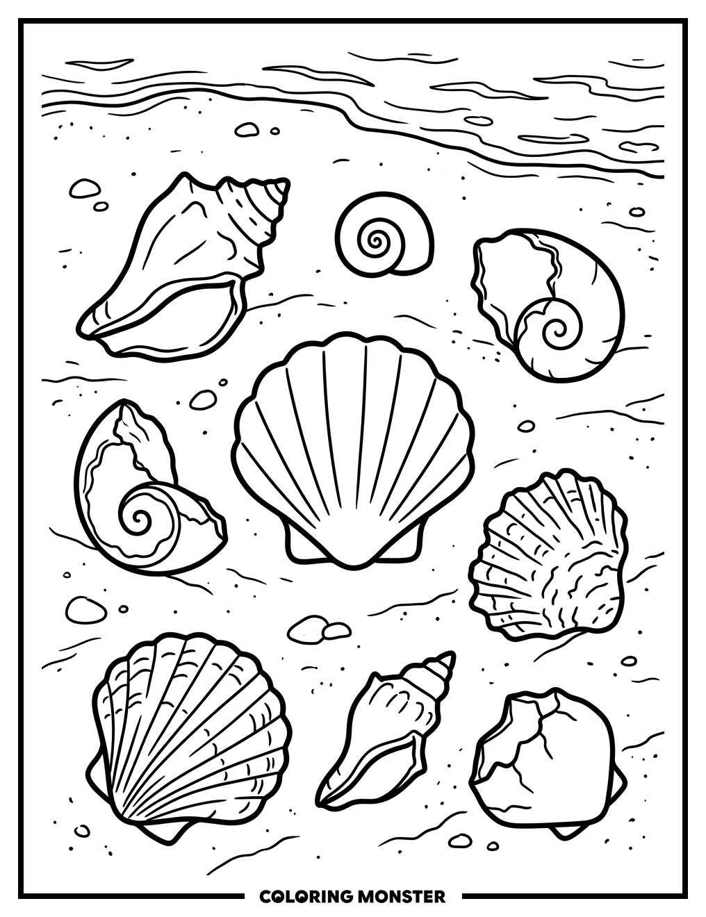 Seashells On Sandy Beach Coloring Page