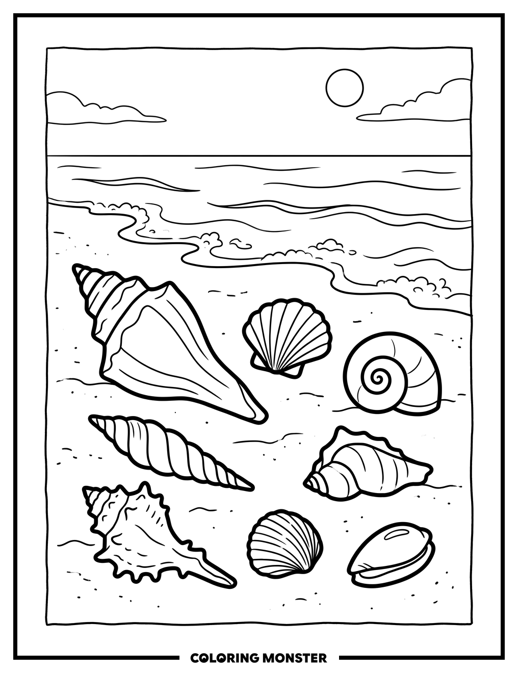 Seashells on Sandy Beach Coloring Page