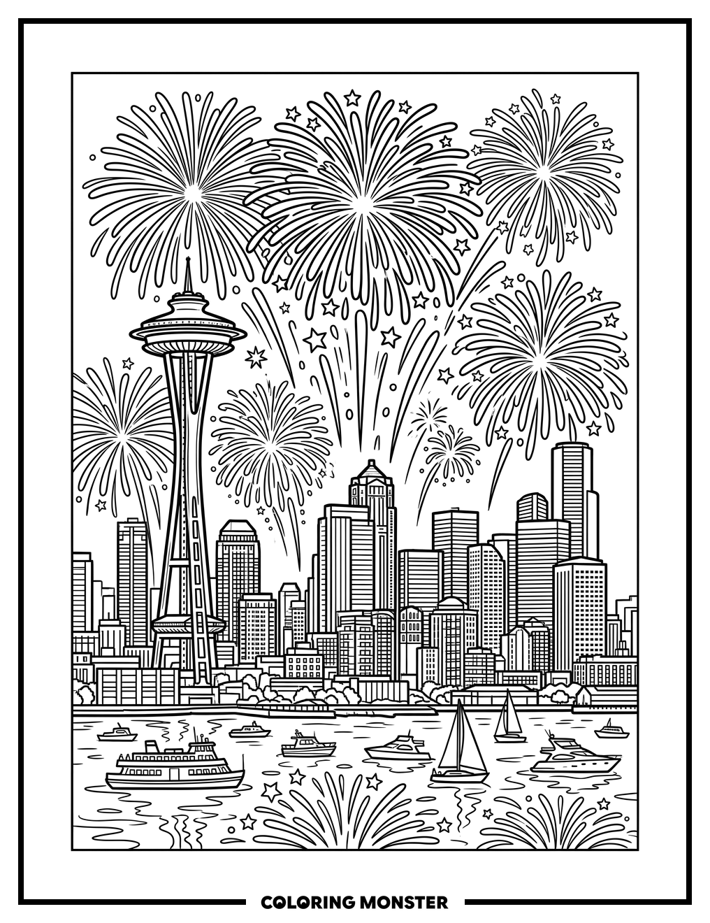 Seattle Fourth Of July Fireworks Over The City Coloring Page