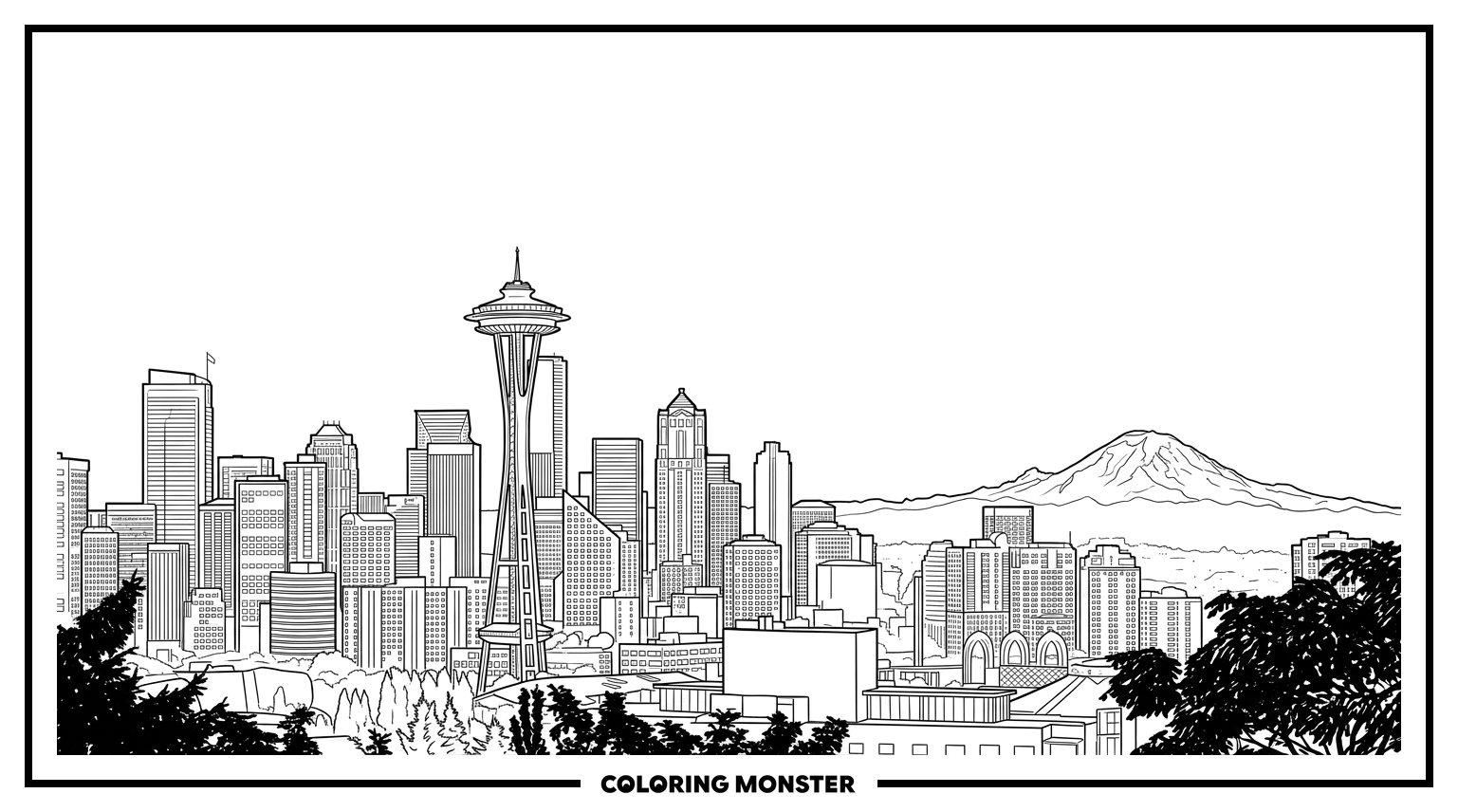 Seattle Skyline With Space Needle and Mount Rainier Coloring Page