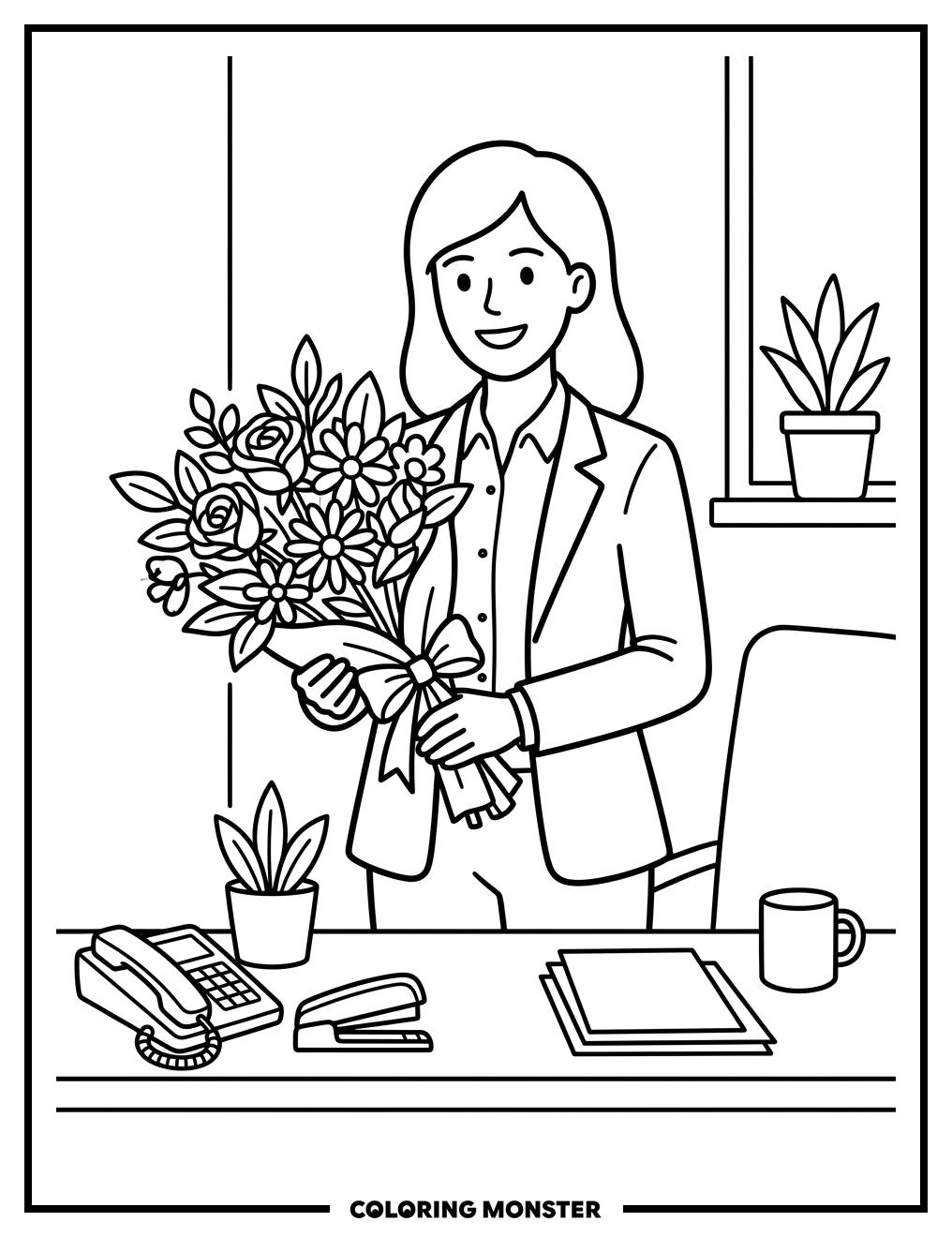 Secretary With Flowers Coloring Page