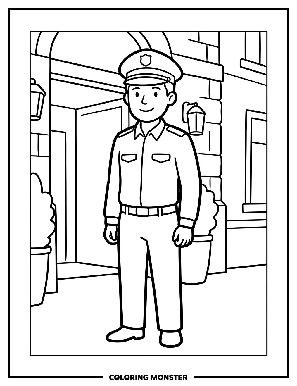 Security Guard at Building Entrance Coloring Page
