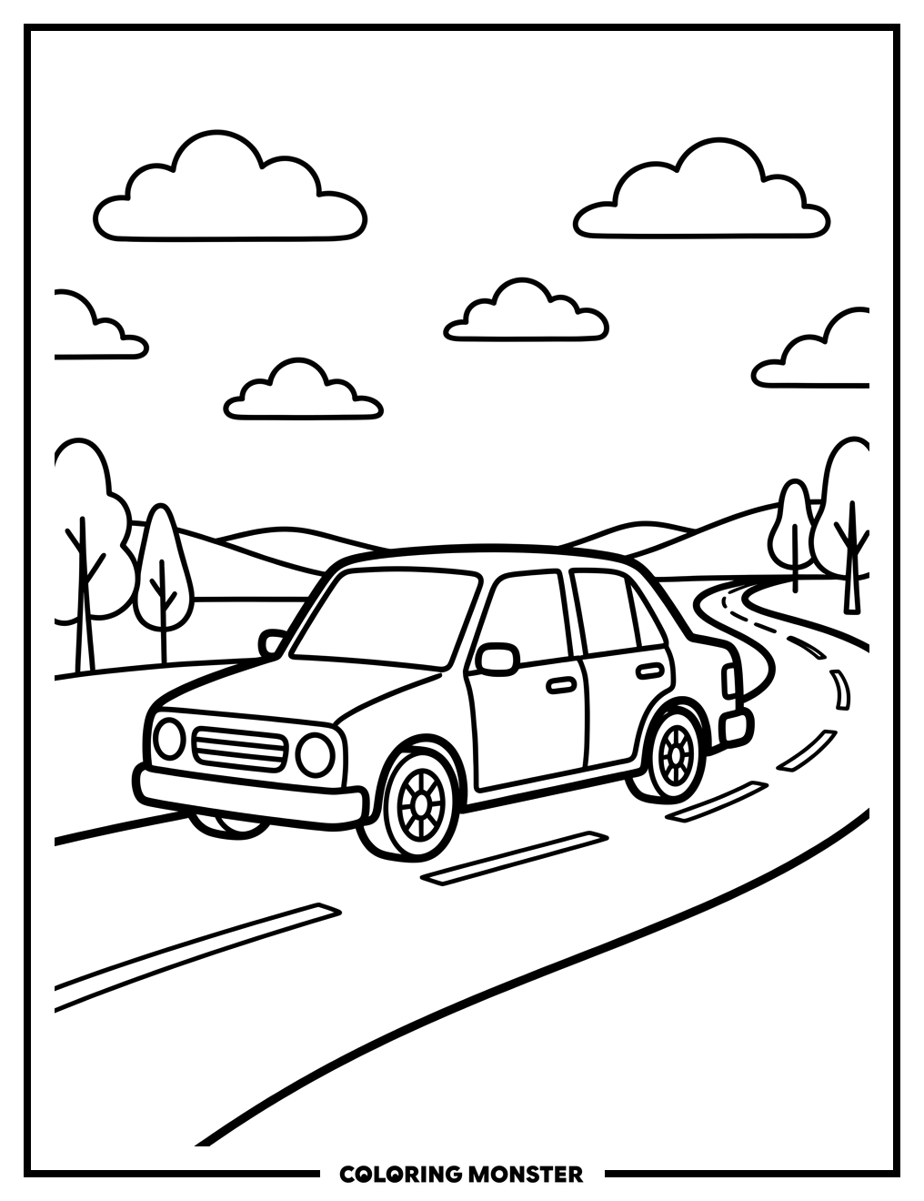 Sedan Driving on a Road Coloring Page
