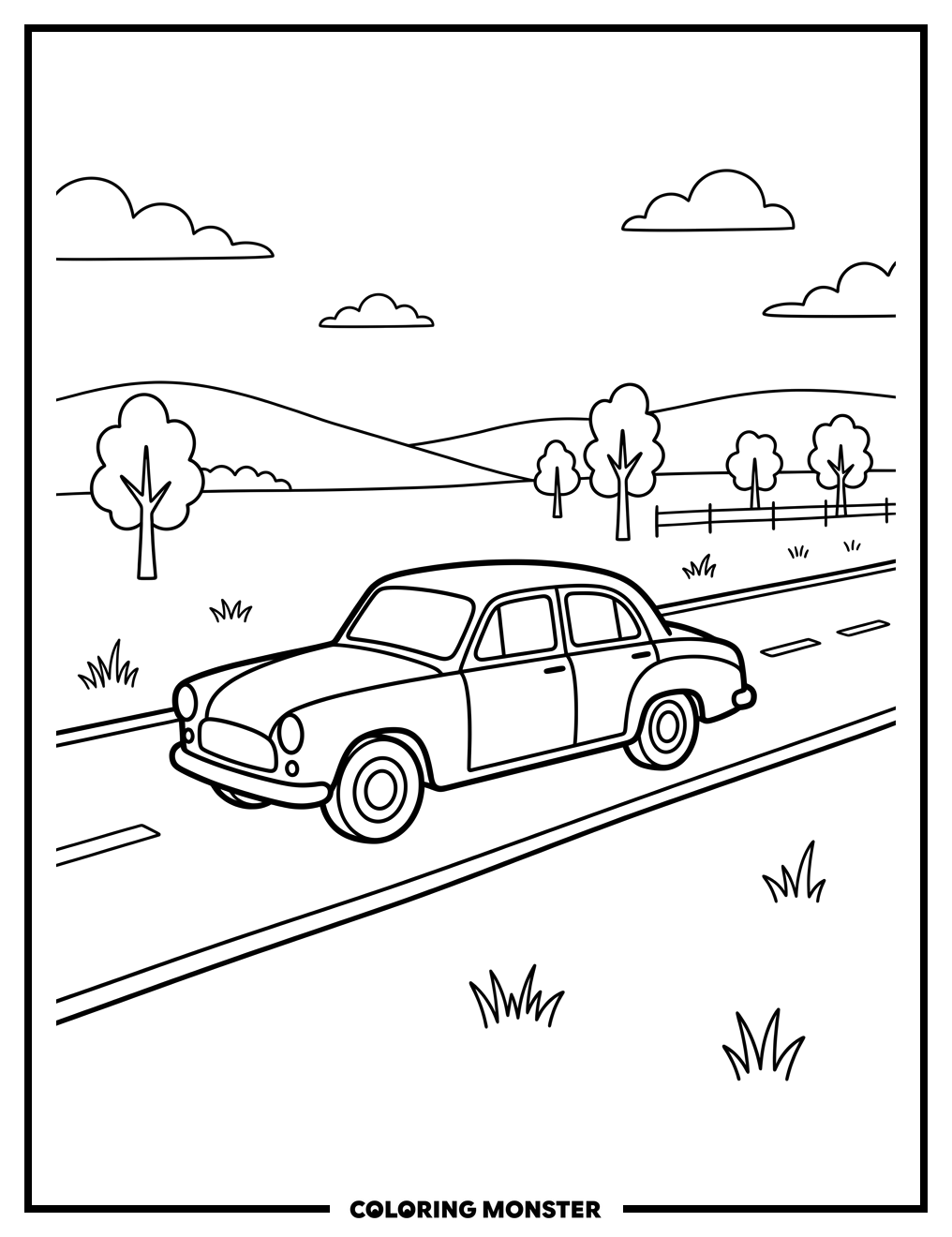 Sedan Driving on Open Road Coloring Page