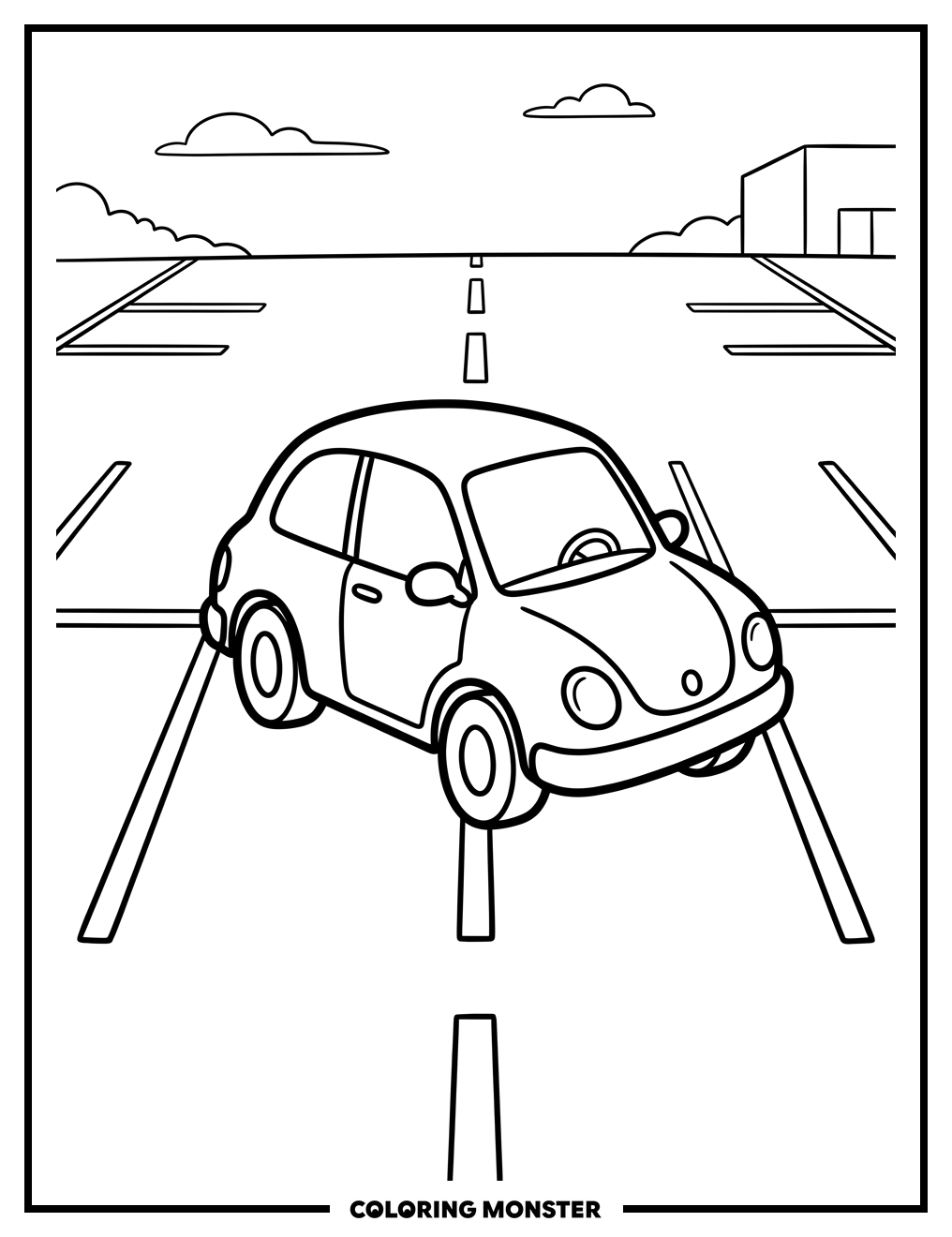 Selfish Cartoon Car in Parking Lot Coloring Page