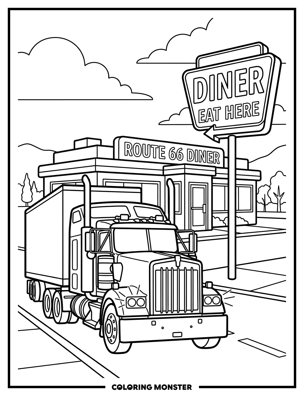Semi-Truck at Diner Coloring Page