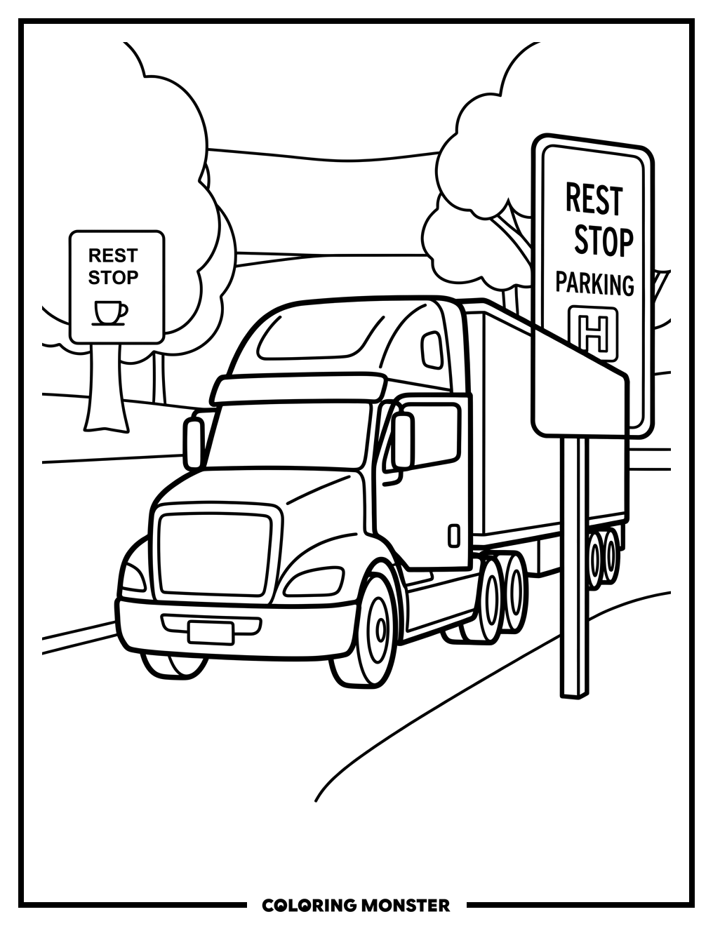 Semi-Truck at Rest Stop Coloring Page