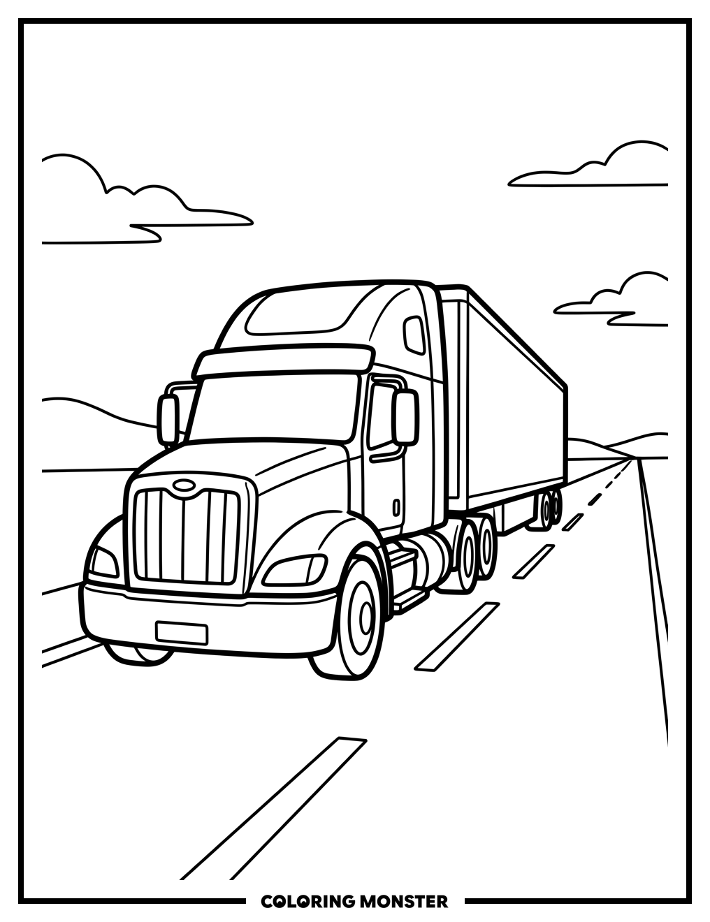 Semi-Truck on a Highway Coloring Page
