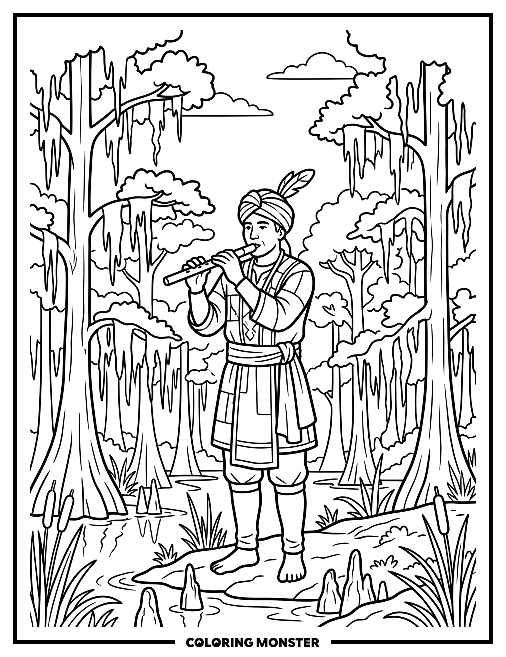 Seminole Man Playing Flute Coloring Page