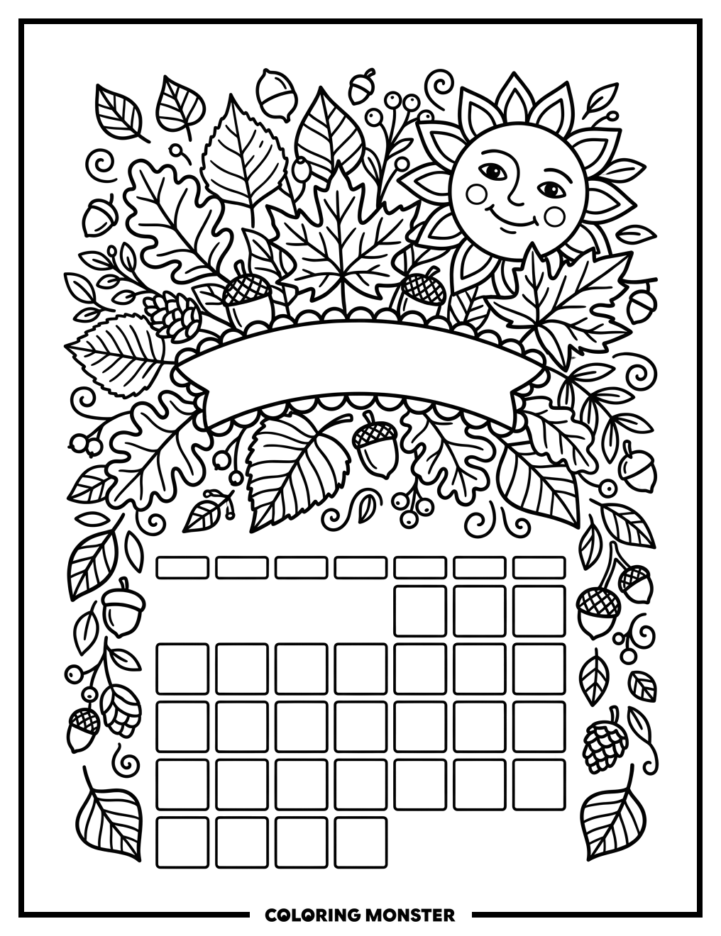 September Autumn Calendar Page Coloring Page