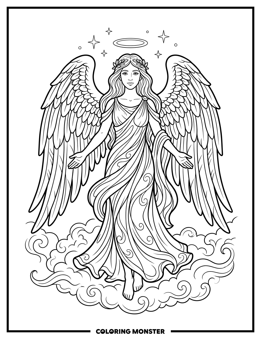 Serene Angel With Feathered Wings Coloring Page