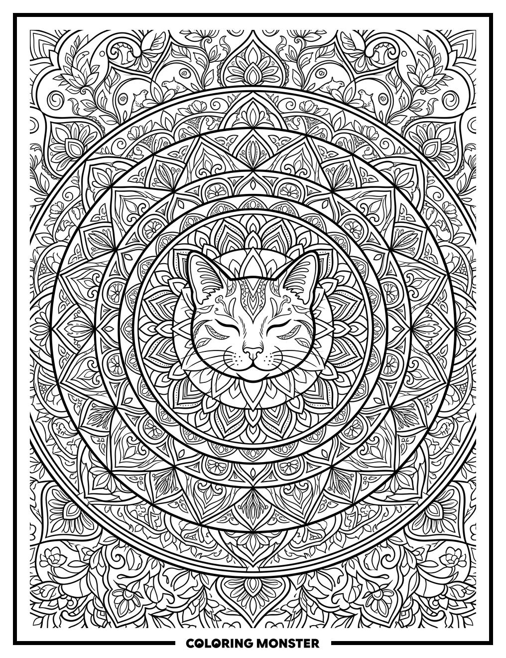Serene Cat Mandala Coloring Page