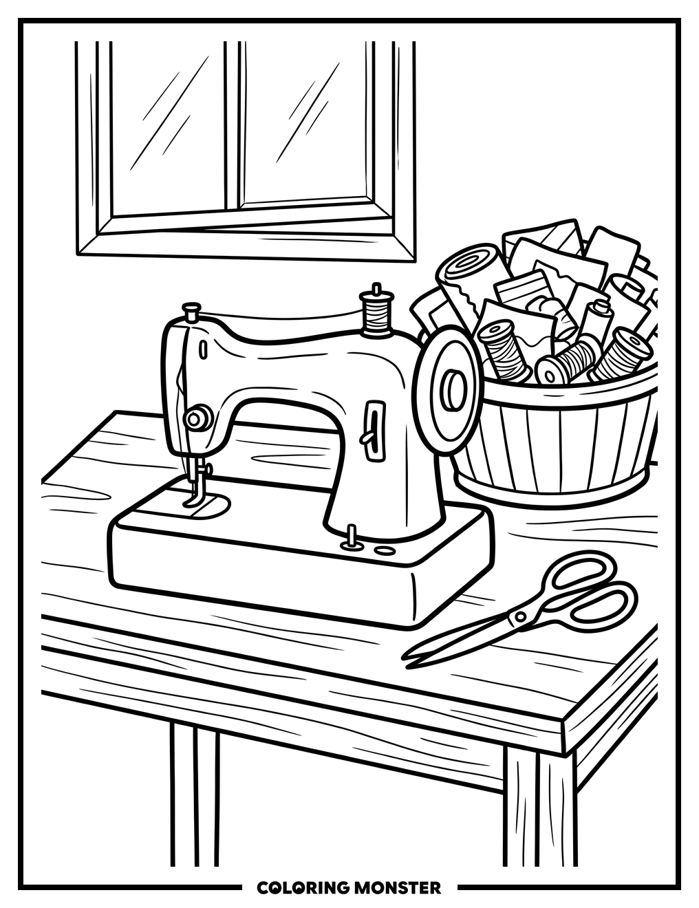 Sewing Machine and Fabric Scraps Coloring Page