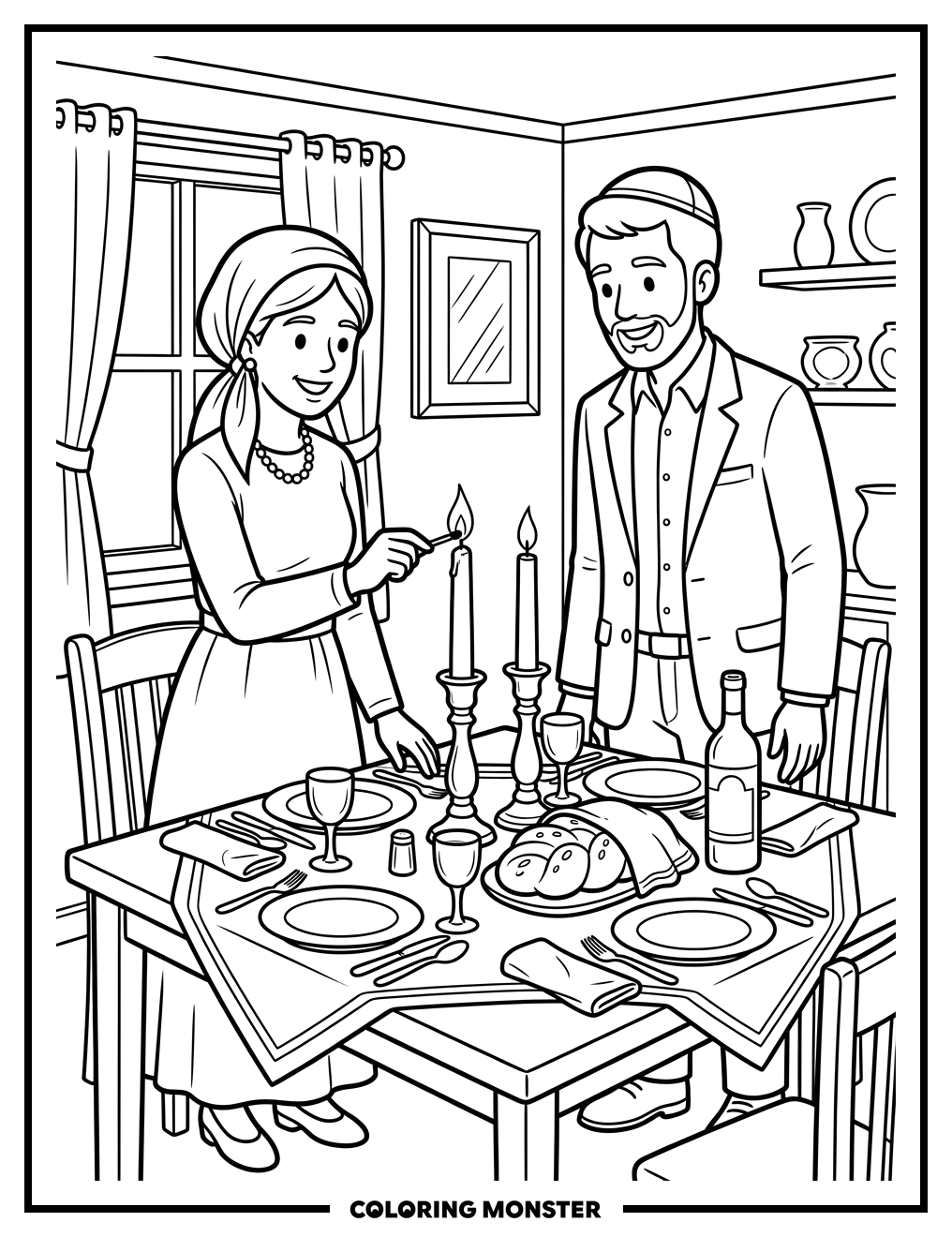 Shabbat Candles Lit At Festive Table Coloring Page