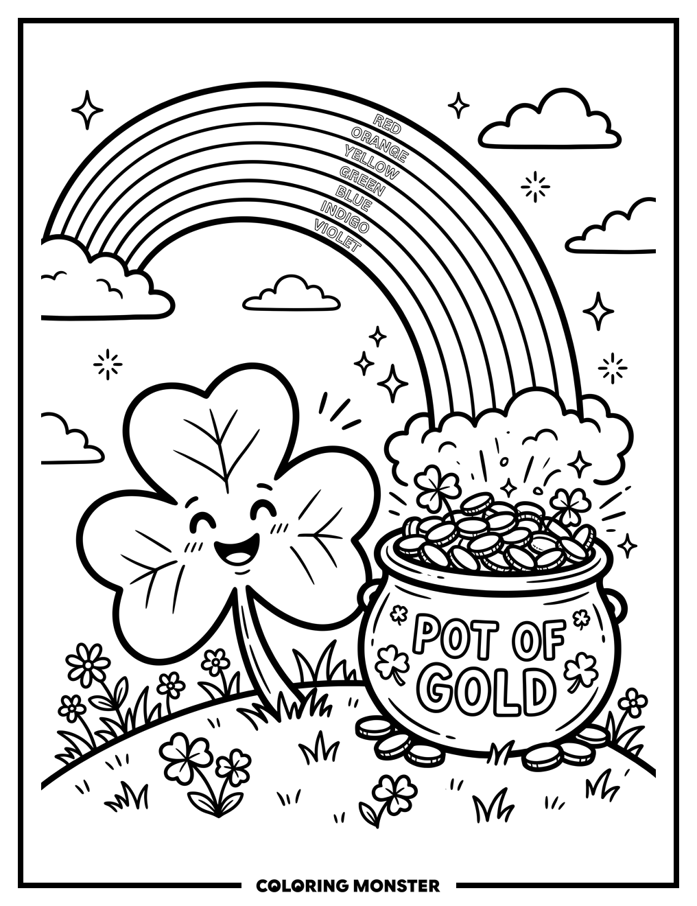 Shamrock Pot of Gold Rainbow Coloring Page