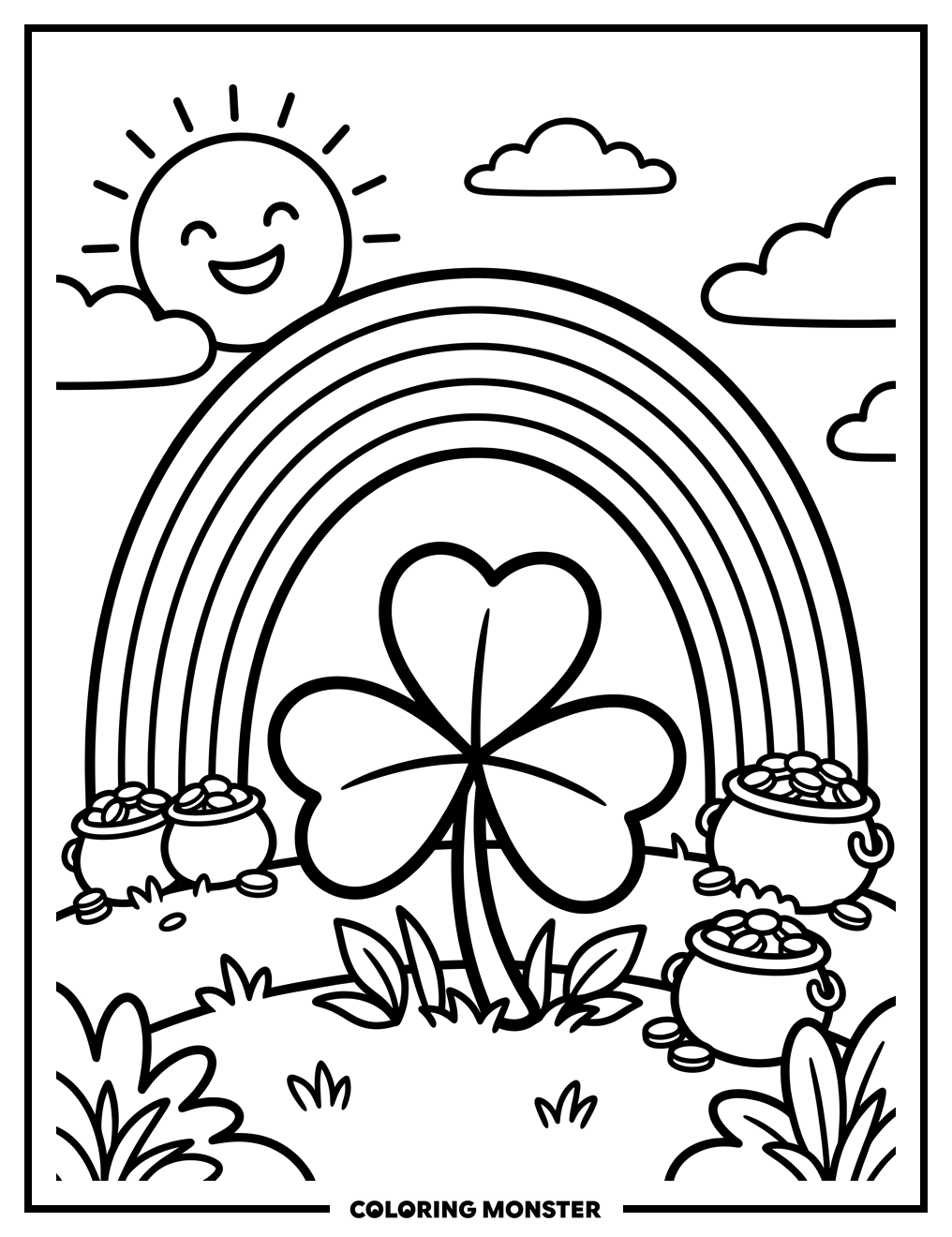 Shamrock With Rainbow And Pots Of Gold Coloring Page