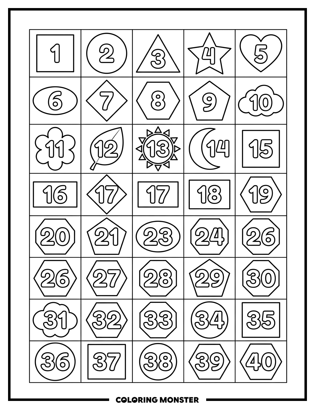 Shapes With Numbers Grid Coloring Page