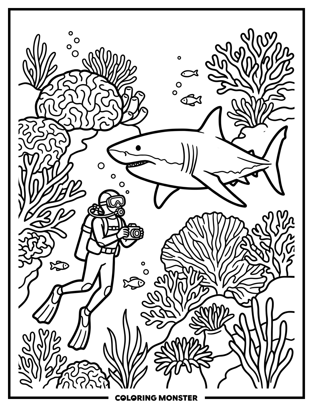Shark and Diver Near Coral Reef Coloring Page