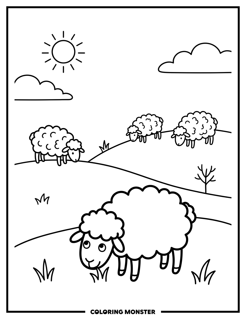 Sheep Grazing on a Rolling Hill Coloring Page